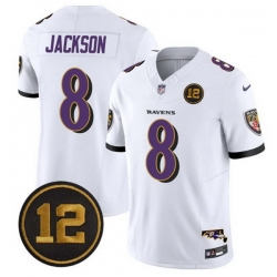 Men Baltimore Ravens 8 Lamar Jackson White 2025 F U S E  Jacoby Jones Patch Vapor Limited Football Jersey