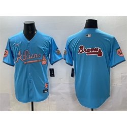 Men Atlanta Braves Team Big Logo Blue 2024 Atliens  26 Peach With Outkast Patch Vapor Limited Stitched Baseball Jersey