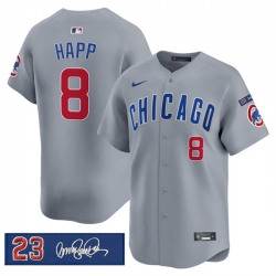 Men Chicago Cubs 8 lan Happ Gray  27Ryne Sandberg Tribute 27 Vapor Limited V3 Stitched Baseball Jersey