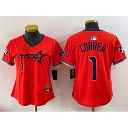 Women Houston Astros 1 Carlos Correa Orange 2025 City Connect With Texas Patch Limited Stitched Baseball Jersey