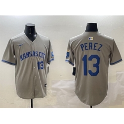 Men Kansas City Royals 13 Salvador Perez Grey 2024 Away Limited Stitched Baseball Jersey