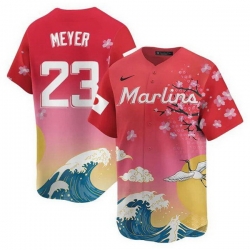 Men Miami Marlins 23 Max Meyer Pink Japanese Heritage Night 2025 Limited Baseball Jersey