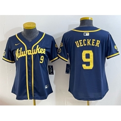 Women Milwaukee Brewers 9 Bob Uecker Navy With Home  26 Bob Uecker Patch Limited Stitched Jersey 28Run Small 29