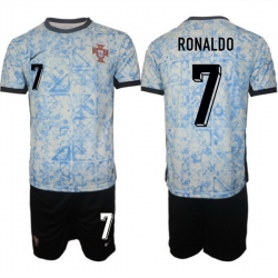 Men Portugal Team 7 Ronaldo 2024 25 White Blue Away Soccer Jersey Suit