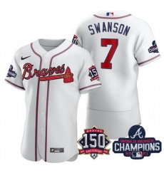 Men's White Atlanta Braves #7 Dansby Swanson 2021 World Series Champions With 150th Anniversary Flex Base Stitched Jersey Men's White Atlanta Braves #7 Dansby Swanson 2021 World Series Champions With 150th Anniversary Flex Base Stitched Jersey