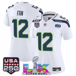 Women Seattle Seahawks 12 Fan White 2025 F U S E  Super Bowl LX Patch And 50th Season  26 USA 250 27 Patch Vapor Limited Football Stitched Jersey 