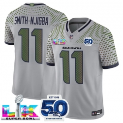 Men Seattle Seahawks 11 Jaxon Smith Njigba Grey 2025 F U S E  Super Bowl LX Patch And 50th Season Patch  Rivalries Vapor Limited Stitched Football Jersey