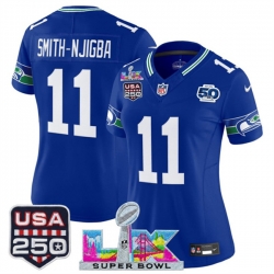 Women Seattle Seahawks 11 Jaxon Smith Njigba Royal 2025 F U S E Super Bowl LX Patch And 50th Season  USA 250 Patch Vapor Throwback Limited Stitched Footbal