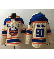 Men New York Islanders 91 John Tavares Cream Sawyer Hooded Sweatshirt Stitched NHL Jersey Men New York Islanders 91 John Tavares Cream Sawyer Hooded Sweatshirt Stitched NHL Jersey