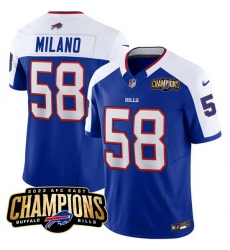 Men Buffalo Bills 58 Matt Milano Blue White 2023 F U S E AFC East Champions Ptach Stitched Football Jersey Men Buffalo Bills 58 Matt Milano Blue White 2023 F U S E AFC East Champions Ptach Stitched Football Jersey
