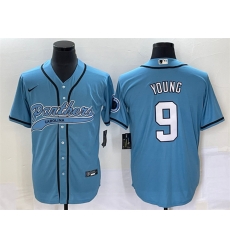 Men Carolina Panthers 9 Bryce Young Blue With Patch Cool Base Stitched Baseball Jersey Men Carolina Panthers 9 Bryce Young Blue With Patch Cool Base Stitched Baseball Jersey