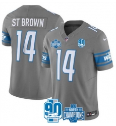 Men Detroit Lions 14 Amon Ra St Brown Grey 2023 F U S E 90th Anniversary NFC North Division Champions Vapor Untouchable Limited Stitched Jersey Men Detroit Lions 14 Amon Ra St Brown Grey 2023 F U S E 90th Anniversary NFC North Division Champions Vapor Untouchable Limited Stitched Jersey