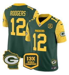 Men Green Bay Packers 12 Aaron Rodgers Cheese Green 2024 F U S E 13 Time World Champions And Home Patch Vapor Untouchable Limited Stitched Football Jersey Men Green Bay Packers 12 Aaron Rodgers Cheese Green 2024 F U S E 13 Time World Champions And Home Patch Vapor Untouchable Limited Stitched Football Jersey