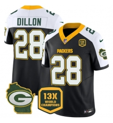 Men Green Bay Packers 28 AJ Dillon Black White 2023 F U S E  Home Patch 13 Time World Champions Vapor Untouchable Limited Stitched Football Jersey
