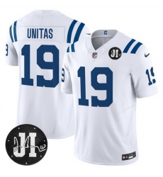 Men Indianapolis Colts 19 Johnny Unitas White 2025 F U S E  Jim Irsay Patch Vapor Limited Stitched Football Jersey