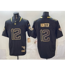Men Jacksonville Jaguars 12 Travis Hunter Black Gold 2025 F U S E  With Patch Vapor Untouchable Limited Stitched Jersey