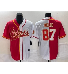 Men Kansas City Chiefs 87 Travis Kelce Red White Split Cool Base Stitched Baseball Jersey Men Kansas City Chiefs 87 Travis Kelce Red White Split Cool Base Stitched Baseball Jersey
