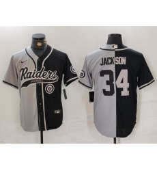 Men Las Vegas Raiders 34 Bo Jackson Grey Black Split Cool Base Stitched Baseball Jersey 2 Men Las Vegas Raiders 34 Bo Jackson Grey Black Split Cool Base Stitched Baseball Jersey 2