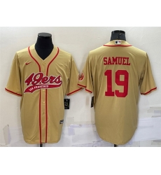 Men San Francisco 49ers 19 Deebo Samuel Gold With Patch Cool Base Stitched Baseball Jersey Men San Francisco 49ers 19 Deebo Samuel Gold With Patch Cool Base Stitched Baseball Jersey