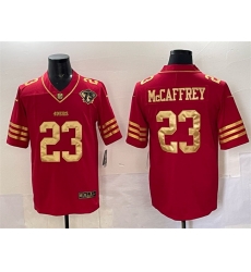Men San Francisco 49ers 23 Christian McCaffrey Red Gold With 75th Patch Vapor Limited Stitched Football Jersey
