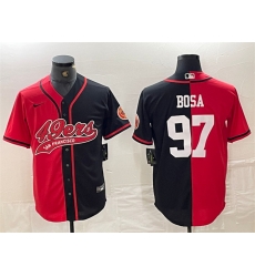 Men San Francisco 49ers 97 Nick Bosa Red Black Split With Patch Cool Base Stitched Baseball Jersey Men San Francisco 49ers 97 Nick Bosa Red Black Split With Patch Cool Base Stitched Baseball Jersey