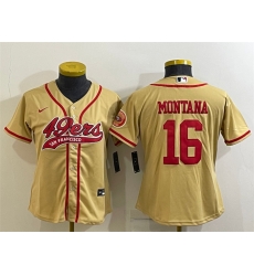 Women San Francisco 49ers 16 Joe Montana Gold With Patch Cool Base Stitched Baseball Jersey Women San Francisco 49ers 16 Joe Montana Gold With Patch Cool Base Stitched Baseball Jersey