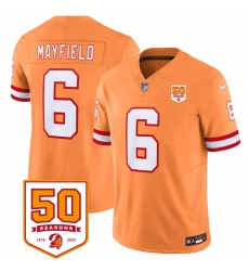 Men Tampa Bay Buccaneers 6 Baker Mayfield Orange 2025 F U S E  50th Anniversary Patch Vapor Limited Stitched Jersey