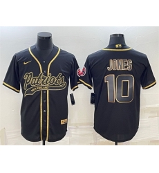 Men New England Patriots 10 Mac Jones Black Gold With Patch Cool Base Stitched Baseball Jersey Men New England Patriots 10 Mac Jones Black Gold With Patch Cool Base Stitched Baseball Jersey