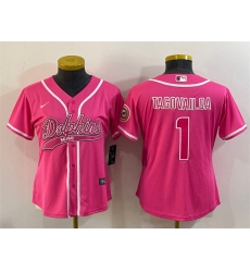 Women Miami Dolphins 1 Tua Tagovailoa Pink With Patch Cool Base Stitched Baseball Jersey Women Miami Dolphins 1 Tua Tagovailoa Pink With Patch Cool Base Stitched Baseball Jersey