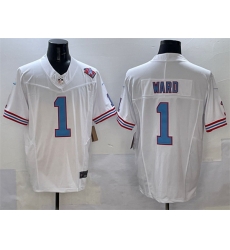Men Tennessee Titans 1 Cameron Ward White 2025 Draft F U S E  1997 Throwback Patch Vapor Limited Stitched Football Jersey