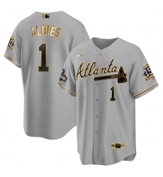 Men Atlanta Braves 1 Ozzie Albies 2021 Grey Gold World Series Champions With 150th Anniversary Patch Cool Base Stitched Jersey Men Atlanta Braves 1 Ozzie Albies 2021 Grey Gold World Series Champions With 150th Anniversary Patch Cool Base Stitched Jersey