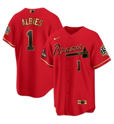Men Atlanta Braves 1 Ozzie Albies 2021 Red Gold World Series Champions With 150th Anniversary Patch Cool Base Stitched Jersey Men Atlanta Braves 1 Ozzie Albies 2021 Red Gold World Series Champions With 150th Anniversary Patch Cool Base Stitched Jersey