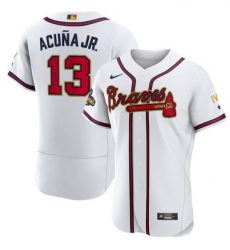 Men Atlanta Braves 13 Ronald Acuna Jr 2022 White Gold World Series Champions Program Flex Base Stitched Baseball jersey Men Atlanta Braves 13 Ronald Acuna Jr 2022 White Gold World Series Champions Program Flex Base Stitched Baseball jersey
