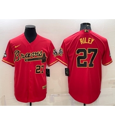 Men Atlanta Braves 27 Austin Riley Red Gold Cool Base Stitched Baseball Jersey Men Atlanta Braves 27 Austin Riley Red Gold Cool Base Stitched Baseball Jersey