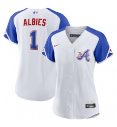 Women Atlanta Braves 1 Ozzie Albies White 2023 City Connect Stitched Baseball Jersey Women Atlanta Braves 1 Ozzie Albies White 2023 City Connect Stitched Baseball Jersey