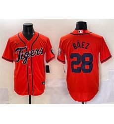 Men Detroit Tigers 28 Javier B E1ez Orange With Patch Cool Base Stitched Baseball Jersey
