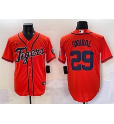 Men Detroit Tigers 29 Tarik Skubal Orange With Patch Cool Base Stitched Baseball Jersey Men Detroit Tigers 29 Tarik Skubal Orange With Patch Cool Base Stitched Baseball Jersey