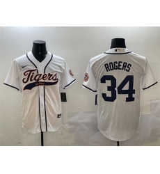 Men Detroit Tigers 34 Jake Rogers White With Patch Cool Base Stitched Baseball Jersey