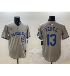 Men Kansas City Royals 13 Salvador Perez Grey 2024 Away Limited Stitched Baseball Jersey