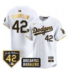 Men Brooklyn Dodgers Jackie Robinson #42 Nike White Gold Breaking Barriers Stitched Jersey