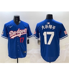 Men Los Angeles Dodgers 17  Shohei Ohtani Royal With American Flag Patch Limited Stitched Baseball Jersey