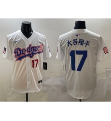 Men Los Angeles Dodgers 17  Shohei Ohtani White With American Flag Patch Limited Stitched Baseball Jersey