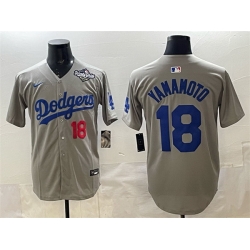 Men Los Angeles Dodgers 18 Yoshinobu Yamamoto Grey 2025 World Series Patch Limited Stitched Baseball Jersey