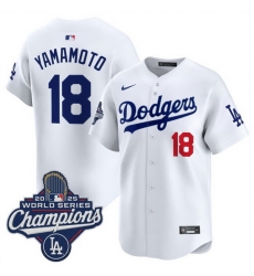 Men Los Angeles Dodgers 18 Yoshinobu Yamamoto White 2025 World Series Champions Patch Home Limited Stitched Baseball Jersey