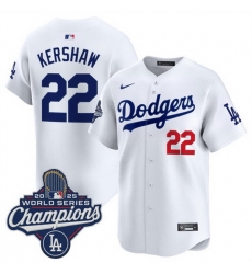 Men Los Angeles Dodgers 22 Clayton Kershaw White 2025 World Series Champions Patch Home Limited Stitched Baseball Jersey