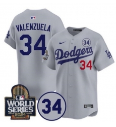 Men Los Angeles Dodgers 34 Toro Valenzuela Grey 2024 World Series With Fernando Memorial Patch Limited Stitched Baseball Jersey X