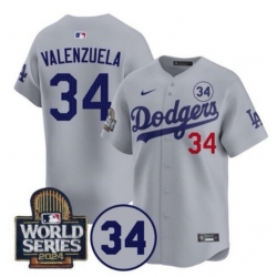 Men Los Angeles Dodgers 34 Toro Valenzuela Grey 2024 World Series With Fernando Memorial Patch Limited Stitched Baseball Jersey X
