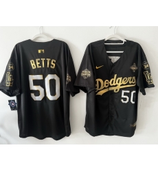 Men Los Angeles Dodgers 50 Mookie Betts Black Gold 2025 World Series Champions  26 Back to Back Champions With No 34 Patch Limited Stitched Baseball Jersey