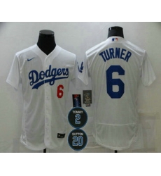 Men Los Angeles Dodgers 6 Trea Turner White 2 20 Patch Stitched MLB Flex Base Nike Jersey