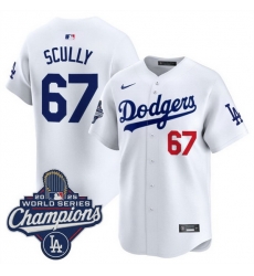 Men Los Angeles Dodgers 67 Vin Scully White 2025 World Series Champions Patch Home Limited Stitched Baseball Jersey